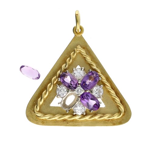 287 - 18ct triangular pendant set with amethyst and diamonds, round brilliant-cuts, 3.8gm, 23.5mm (one sto... 
