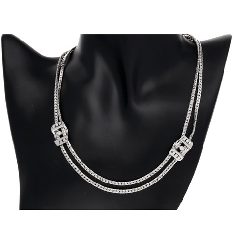 Impressive modern 18ct white gold double strand diamond set necklace, set with two buckle style links each with seven round brilliant-cut diamonds, 0.90ct approx in total, clarity VS, 50gm, 17" long approx