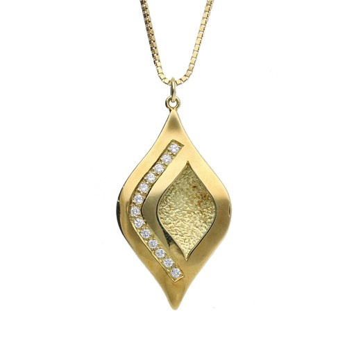 292 - Modern 18ct yellow gold diamond set pendant on a slender necklace, the teardrop shaped pendant set w... 