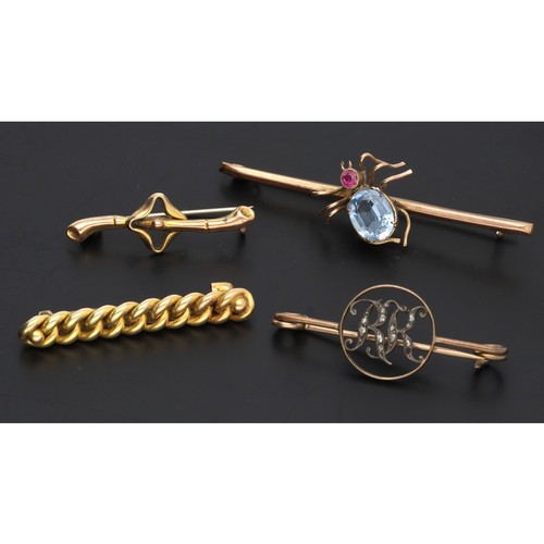 294 - Novelty 9ct blue topaz set spider bar brooch, 60mm wide; with three other 9ct broches, 9.5gm in tota... 