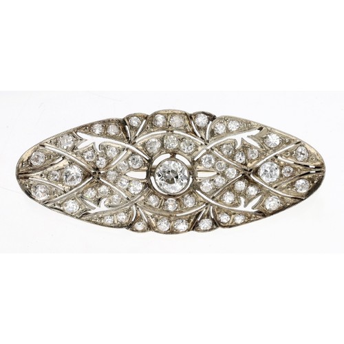 295 - Attractive antique platinum diamond set oval brooch, set with old-cut diamonds in a stylised millegr... 