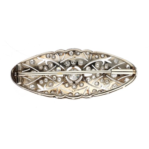295 - Attractive antique platinum diamond set oval brooch, set with old-cut diamonds in a stylised millegr... 