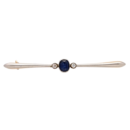 298 - Attractive antique bicolour sapphire and diamond three stone bar brooch, the oval sapphire 0.60ct ap... 