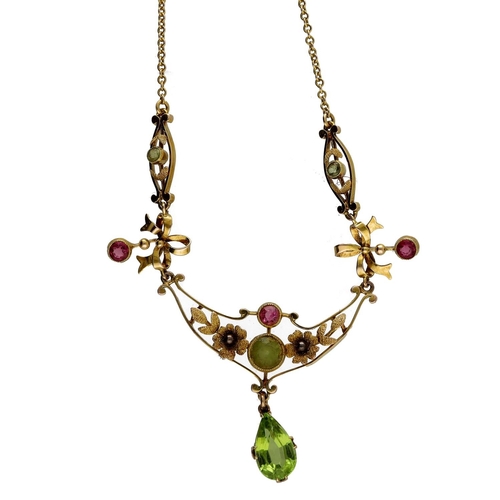 299 - Attractive yellow metal peridot and gem set necklace, with bow and foliate design with pink gem set ... 
