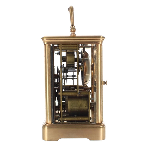 1210 - Reproduction carriage clock with alarm striking on a bell, the white dial with centre seconds signed... 