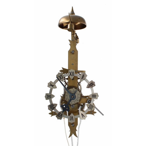 2608 - Brass single train skeleton hook and spike wall clock with alarm, the 5.25