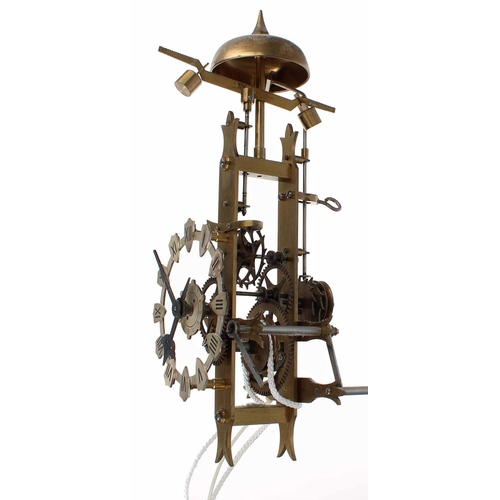 2608 - Brass single train skeleton hook and spike wall clock with alarm, the 5.25