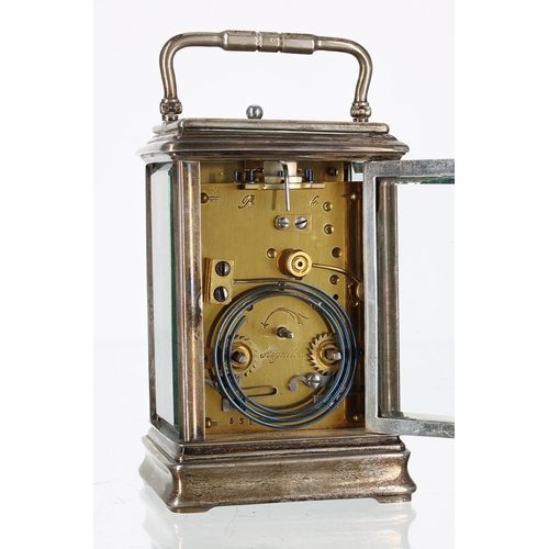 1216 - French silver cased repeater carriage clock striking on a gong, the back plate stamped no. 5313, the... 