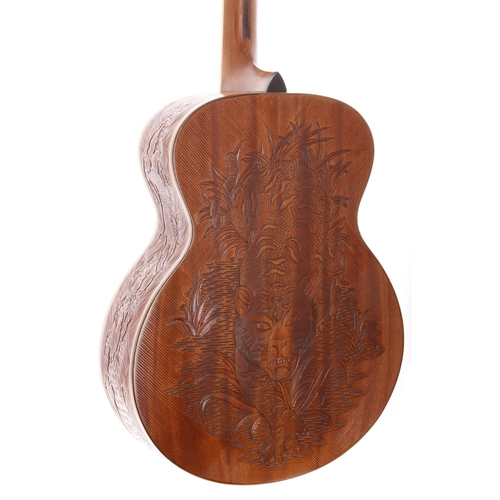 11 - Blueberry acoustic guitar, made in Bali; Back and sides: mahogany with shallow carved tiger decorati... 