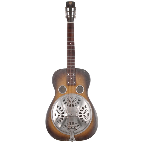 78 - 1935 Dobro resonator guitar, made in USA; Back and sides: natural finished walnut, blemishes and fin... 