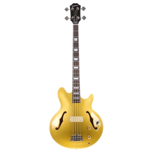 89 - 2009 Epiphone Jack Cassidy Signature semi-hollow body bass guitar; Body: gold metallic finish top up... 