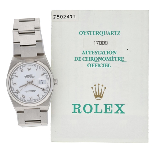 3 - Rolex Oysterquartz Datejust stainless steel gentleman's wristwatch, ref. 17000, serial no. P502xxx, ... 