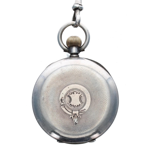 33 - Omega silver lever pocket watch on a silver curb link watch Albert chain, with a white Arabic numera... 