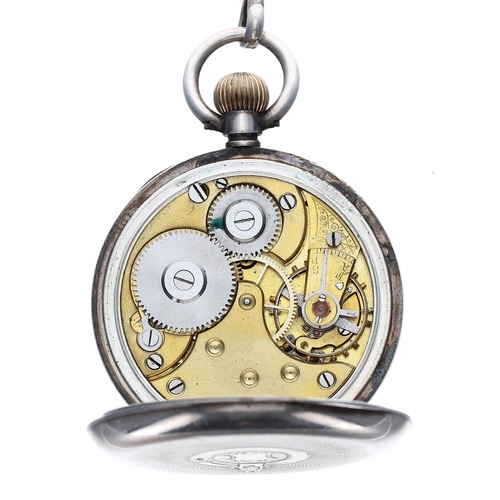 33 - Omega silver lever pocket watch on a silver curb link watch Albert chain, with a white Arabic numera... 