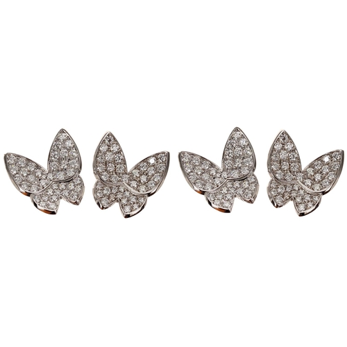 69 - Modern 18ct white gold pavé diamond butterfly design set, to include a ring and two pairs of matchin... 