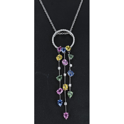 70 - Attractive 18ct white gold diamond and multi-gem set necklace with matching earrings, the pendant 74... 