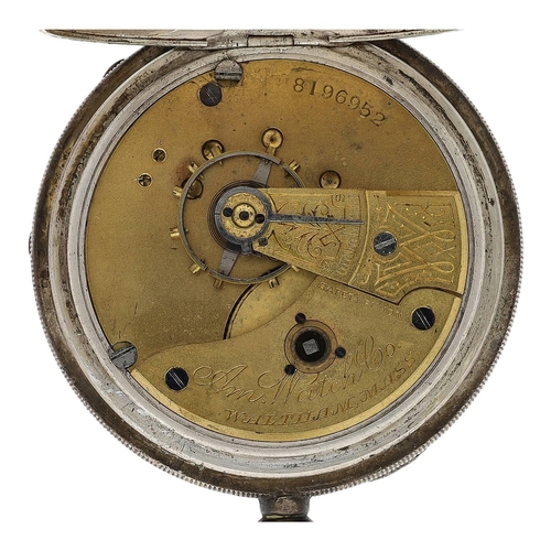 604 - American Waltham silver lever pocket watch, circa 1897, serial no. 8196952, signed movement with saf... 