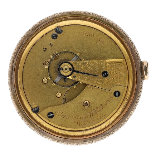 627 - American Waltham gold plated lever pocket watch, serial no. 5630144, circa 1891, signed movement wit... 