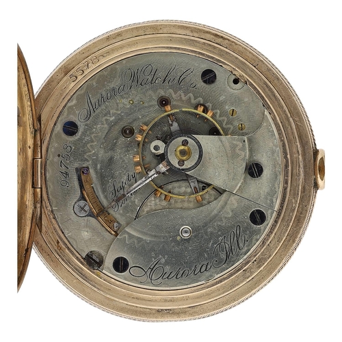 628 - Aurora Watch Co. gold plated lever set hunter pocket watch, serial no. 94758, signed movement with s... 