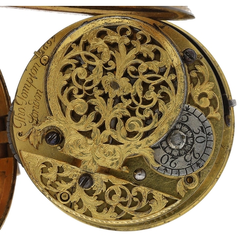 687 - Thomas Tompion, London - English gilt metal verge pocket watch, the fusee movement signed Thos Tompi... 