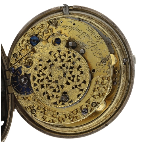 688 - J. Paulet, London - early 18th century repeating white metal pair cased verge pocket watch, the fuse... 