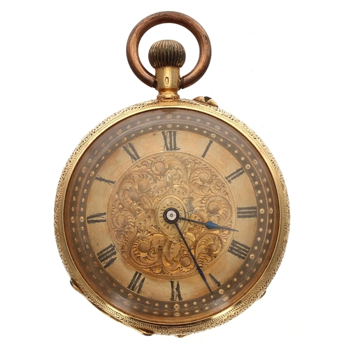 691 - Swiss 18ct cylinder engraved fob watch for repair, gilt frosted bar movement, metal hinged cuvette, ... 