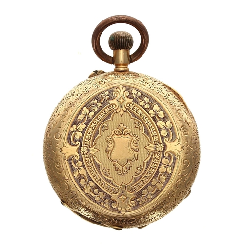 691 - Swiss 18ct cylinder engraved fob watch for repair, gilt frosted bar movement, metal hinged cuvette, ... 