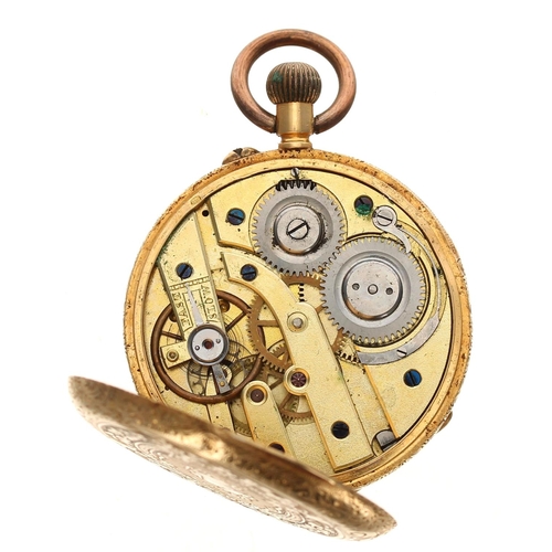 691 - Swiss 18ct cylinder engraved fob watch for repair, gilt frosted bar movement, metal hinged cuvette, ... 