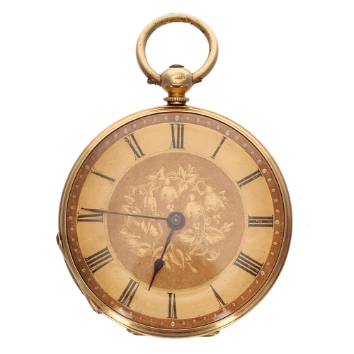 692 - Swiss 18ct cylinder engraved fob watch, bar movement, hinged cuvette, gilt dial, 32.3gm, 37mm (requi... 