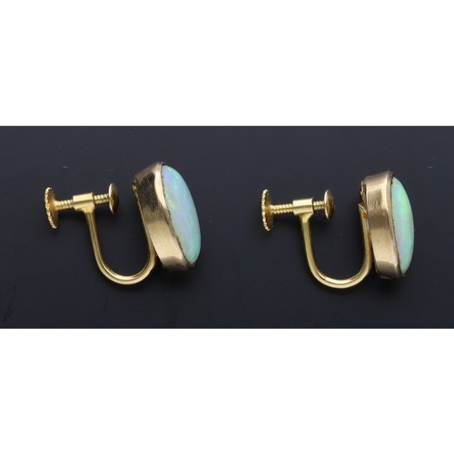 43 - Pair of 18ct yellow gold cabouchon opal earrings, with screw backs, 12mm x 9mm approx, 3.2gm... 