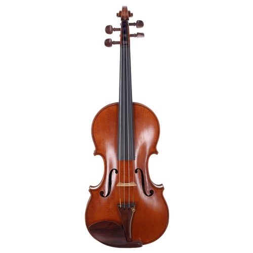 Fine English violin by and labelled Made In The Workshops of William E. Hill & Sons, London 1934, the two piece back of medium curl with similar wood to the sides and head, the table of a fine width grain and the varnish of a light reddish-brown colour on a golden ground, 13 15/16", 35.40cm, within a W.E. Hill & Sons case