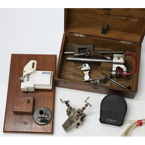 978 - G. Boley watchmakers lathe, mounted to a wooden base, with motor and foot pedal and wooden case... 