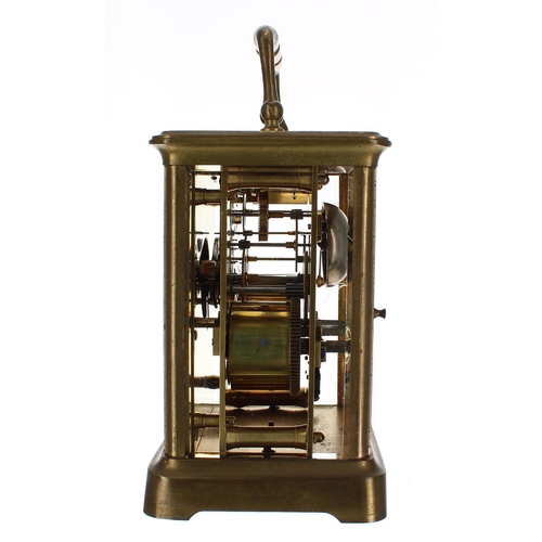 1226 - Carriage clock striking on a bell, within a corniche brass case, 7