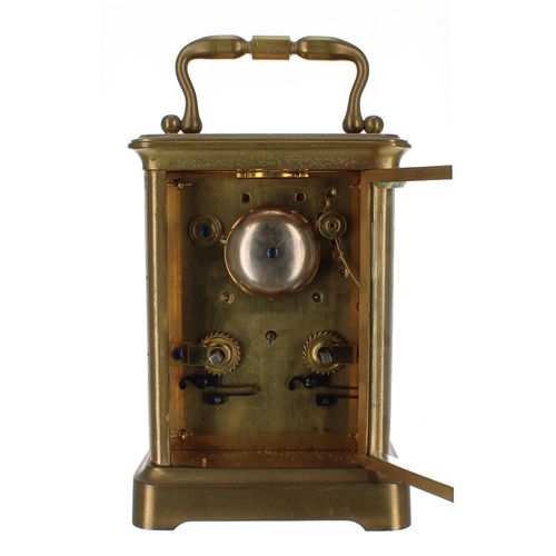 1226 - Carriage clock striking on a bell, within a corniche brass case, 7