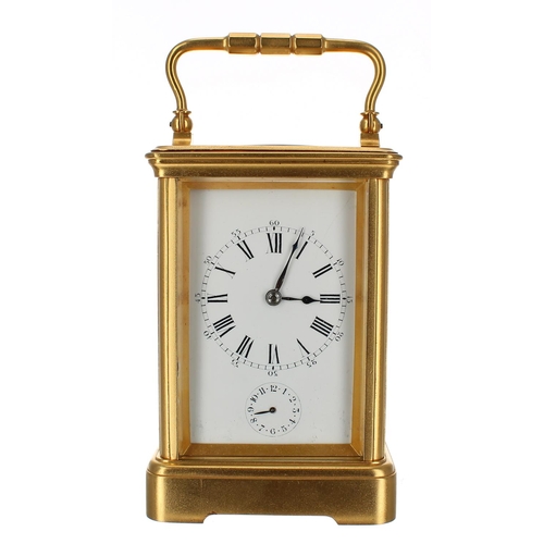 1227 - French carriage clock with alarm, striking on a gong, the movement back plate and base stamped no. 2... 