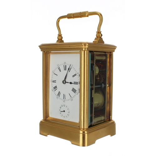 1227 - French carriage clock with alarm, striking on a gong, the movement back plate and base stamped no. 2... 