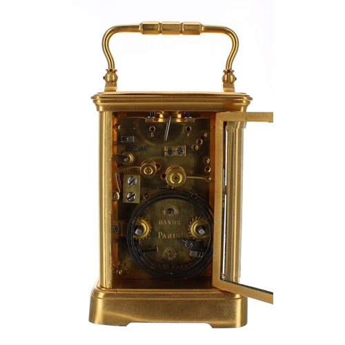 1227 - French carriage clock with alarm, striking on a gong, the movement back plate and base stamped no. 2... 