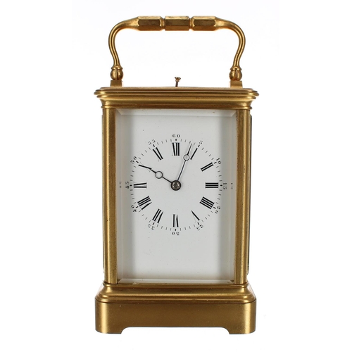 1228 - French repeater carriage clock striking on a gong, within a corniche gilded brass case, 7