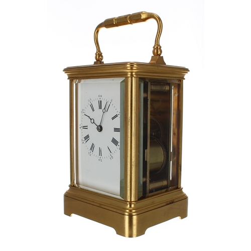 1228 - French repeater carriage clock striking on a gong, within a corniche gilded brass case, 7