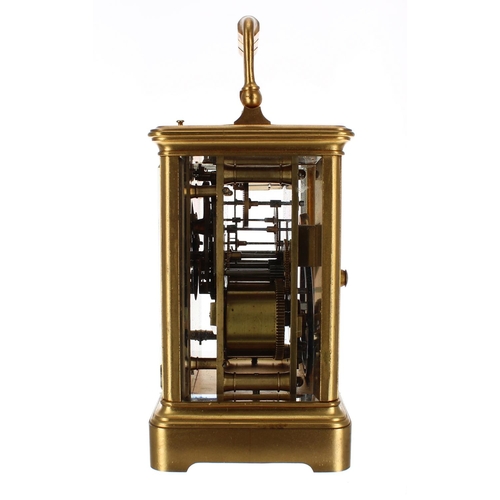 1228 - French repeater carriage clock striking on a gong, within a corniche gilded brass case, 7