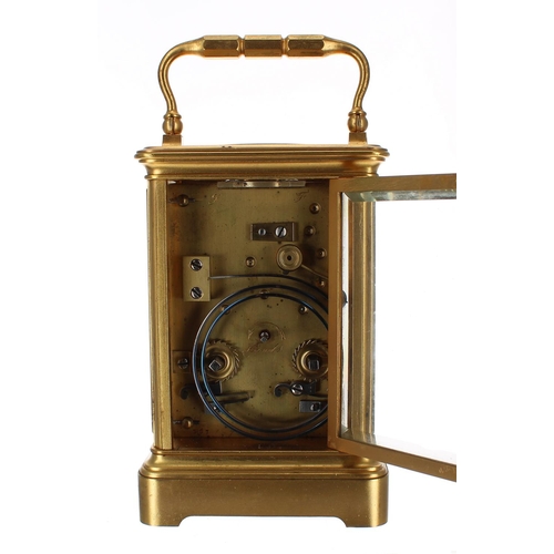 1228 - French repeater carriage clock striking on a gong, within a corniche gilded brass case, 7