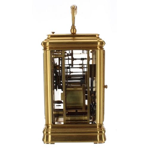 1231 - Good French repeater carriage clock striking on a gong, the movement back plate and base stamped no.... 