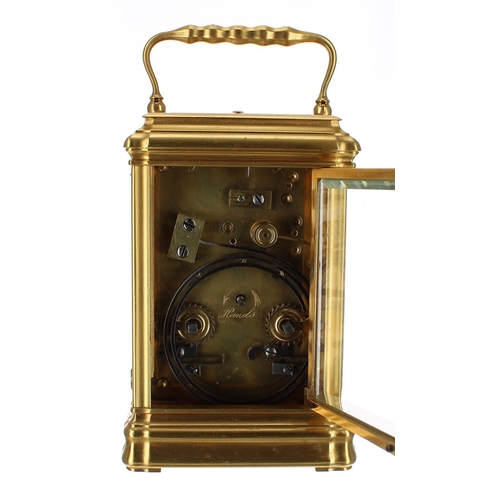 1231 - Good French repeater carriage clock striking on a gong, the movement back plate and base stamped no.... 