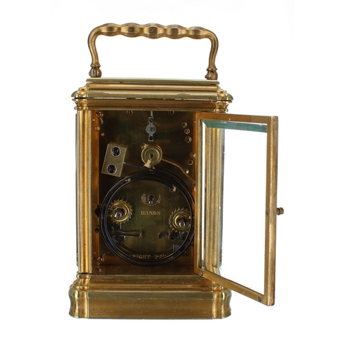 1232 - Good small French carriage clock striking on a gong, the movement back plate signed Bright, Paris, w... 