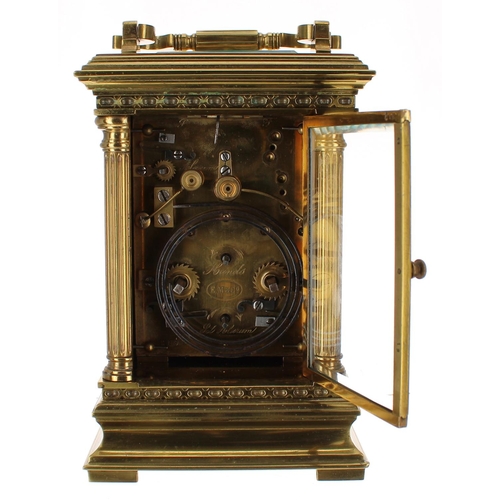 1233 - Good large French ornate repeater carriage clock with alarm, striking with two hammers on a gong, th... 