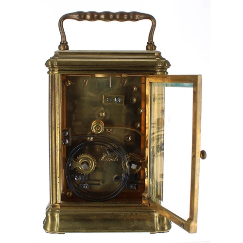 1234 - French carriage clock striking on a gong, within a gorge brass case, 6.25