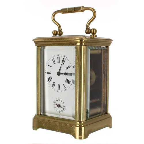 1220 - Miniature carriage clock timepiece with alarm striking on a bell in the base, within a corniche bras... 