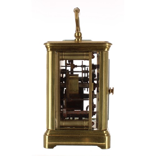 1220 - Miniature carriage clock timepiece with alarm striking on a bell in the base, within a corniche bras... 