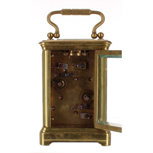 1220 - Miniature carriage clock timepiece with alarm striking on a bell in the base, within a corniche bras... 