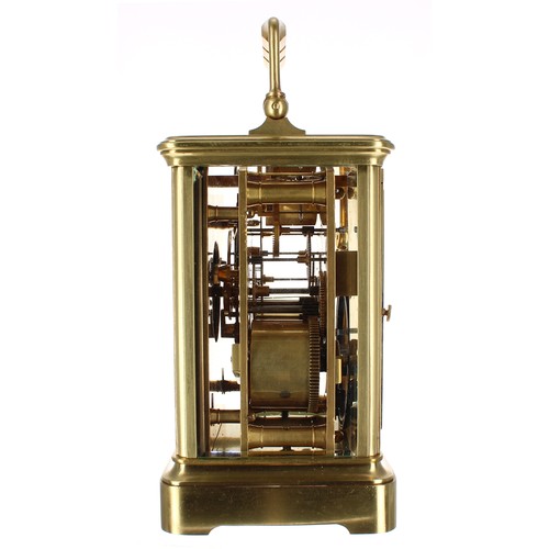 1222 - French carriage clock striking on a gong, within a corniche brass case, 5.75